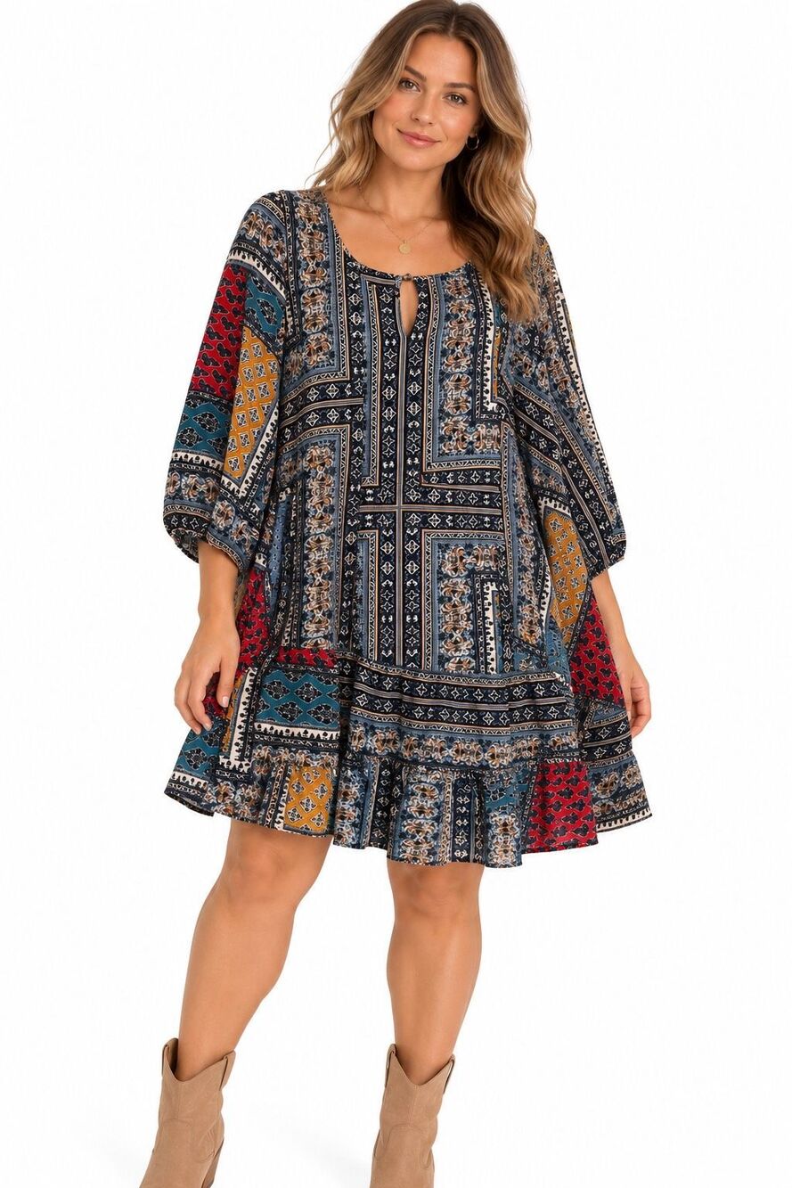 Hayden Boho Patchwork Paisley Ruffle Hem Dress Size XL